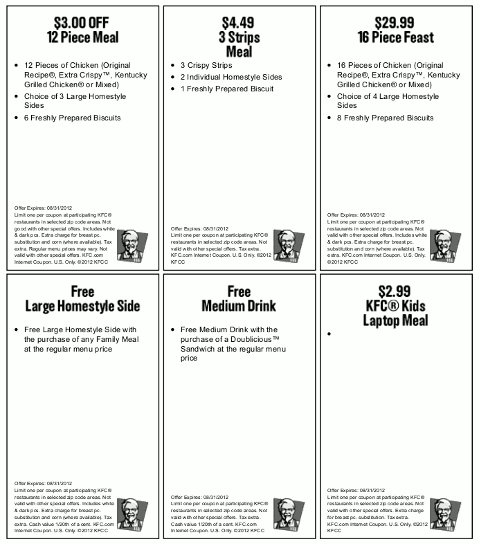 2012年8月美国肯德基优惠券,英文版kfc优惠券,有效期至2012年8月31日 - 5iKFC电子优惠券